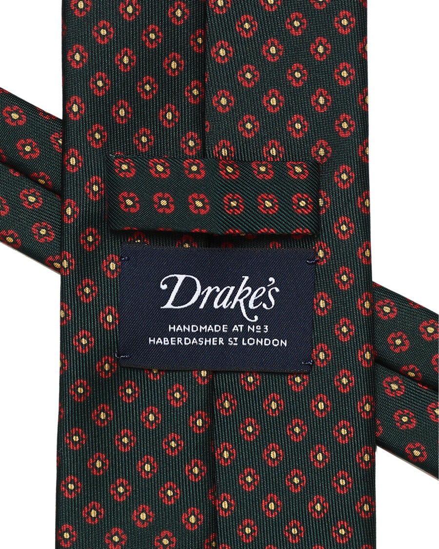 Homme | Drake's Printed Silk Flower 8 cm Tie Green | Drake's | Printed Silk Flower 8 cm Tie Green
