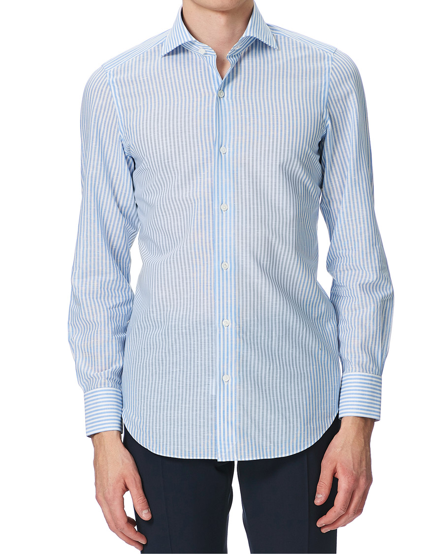 Homme | Chemises | Finamore Napoli | Milano Slim Fit Cotton/Linen Dress Shirt Blue