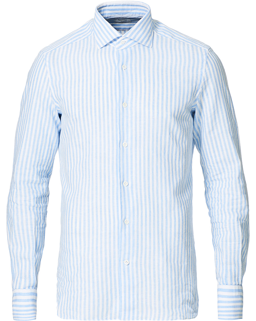 Homme | Chemises | Mazzarelli | Linen Striped Cut Away Shirt Blue/White