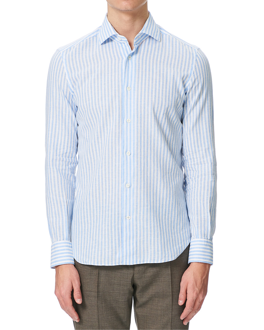 Homme | Chemises | Mazzarelli | Linen Striped Cut Away Shirt Blue/White