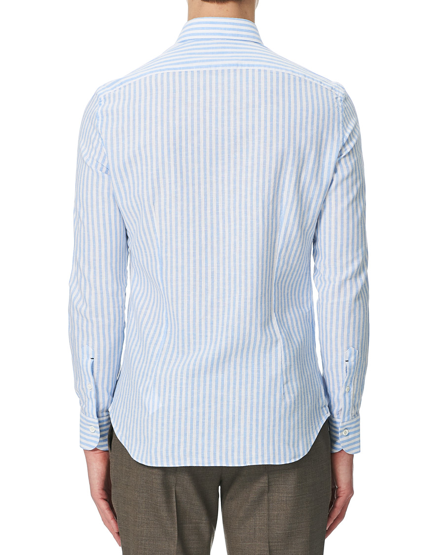 Homme | Chemises | Mazzarelli | Linen Striped Cut Away Shirt Blue/White