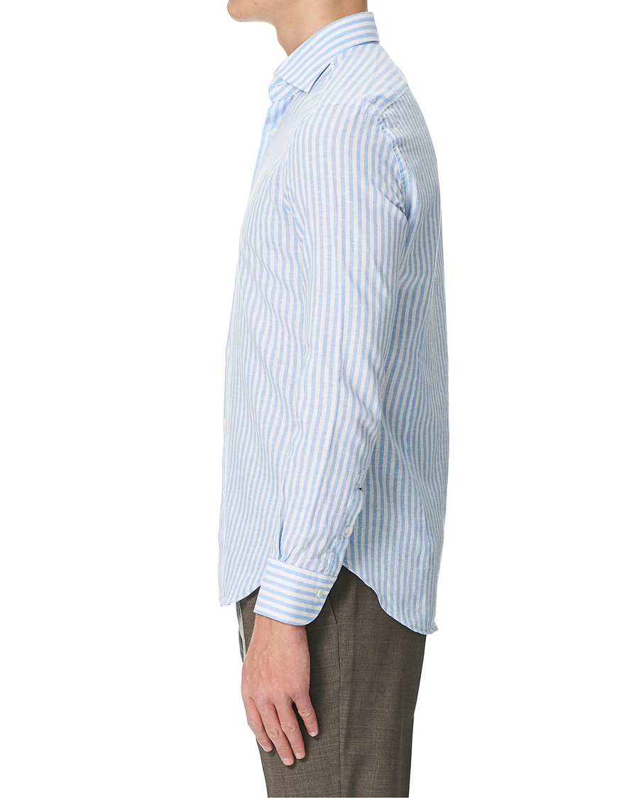 Homme | Chemises | Mazzarelli | Linen Striped Cut Away Shirt Blue/White