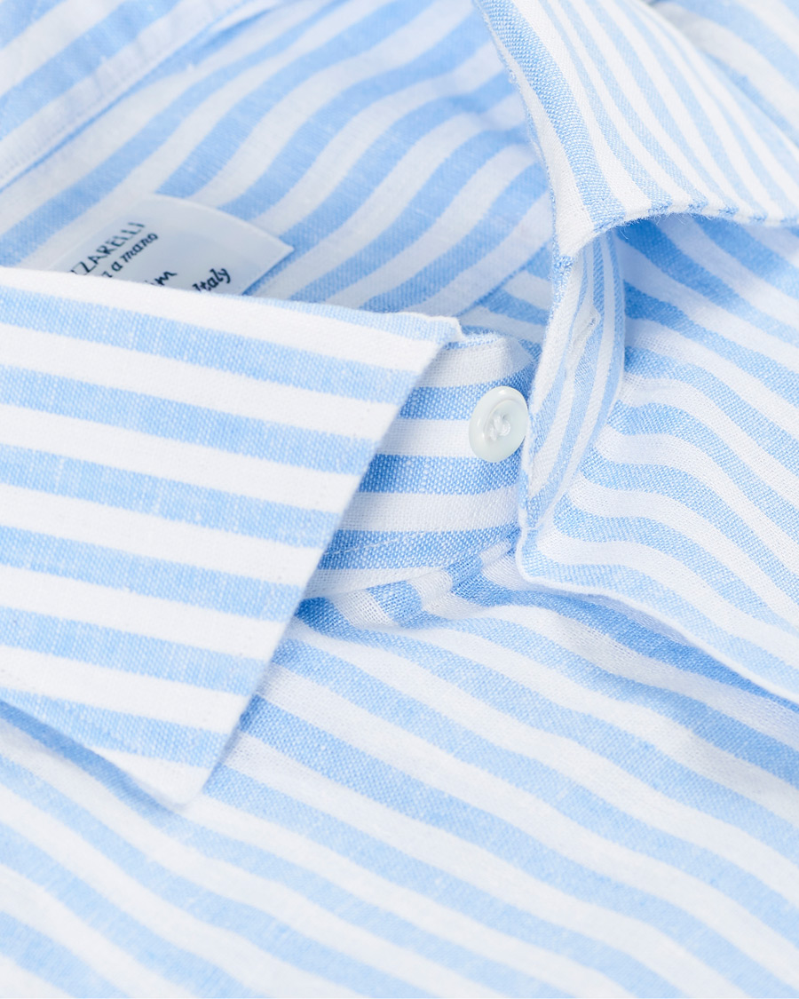 Homme | Chemises | Mazzarelli | Linen Striped Cut Away Shirt Blue/White