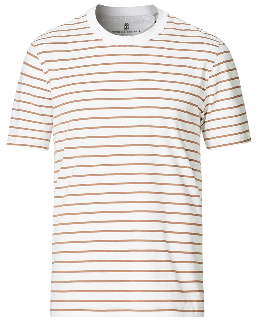 Homme | T-shirts | Brunello Cucinelli | Breton Stripe Short Sleeve T-Shirt White/Brown