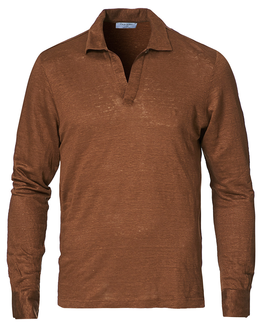 Homme | Pulls Et Tricots | Gran Sasso | Washed Linen Long Sleeve Polo Gold Brown