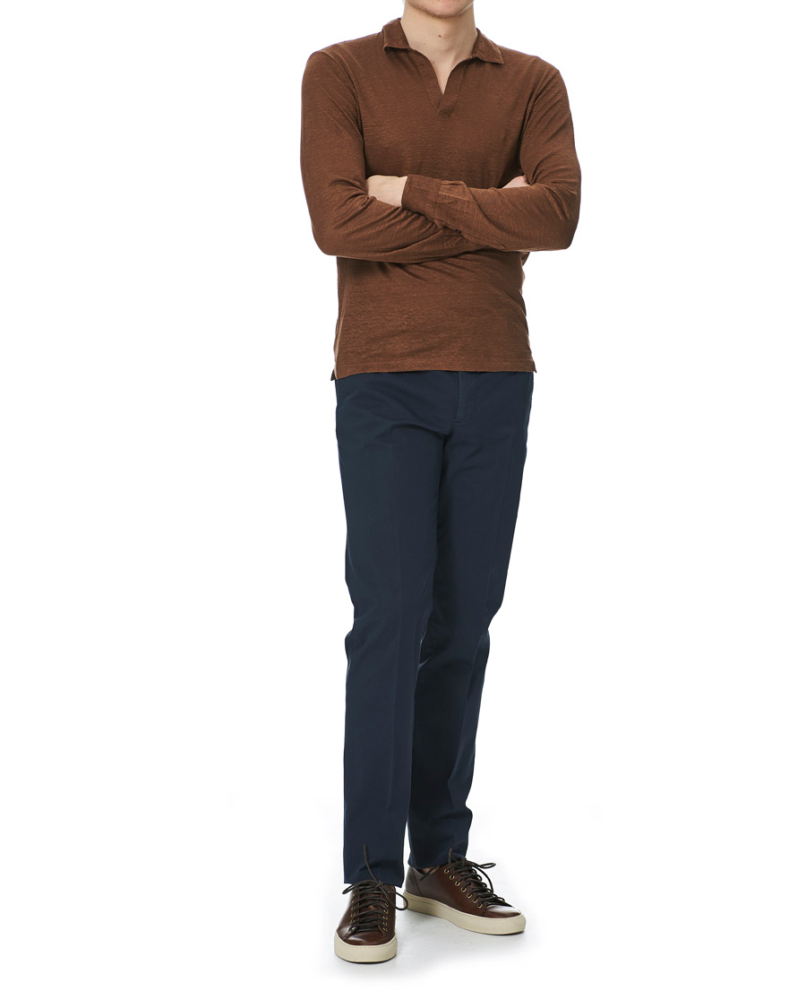 Homme | Pulls Et Tricots | Gran Sasso | Washed Linen Long Sleeve Polo Gold Brown
