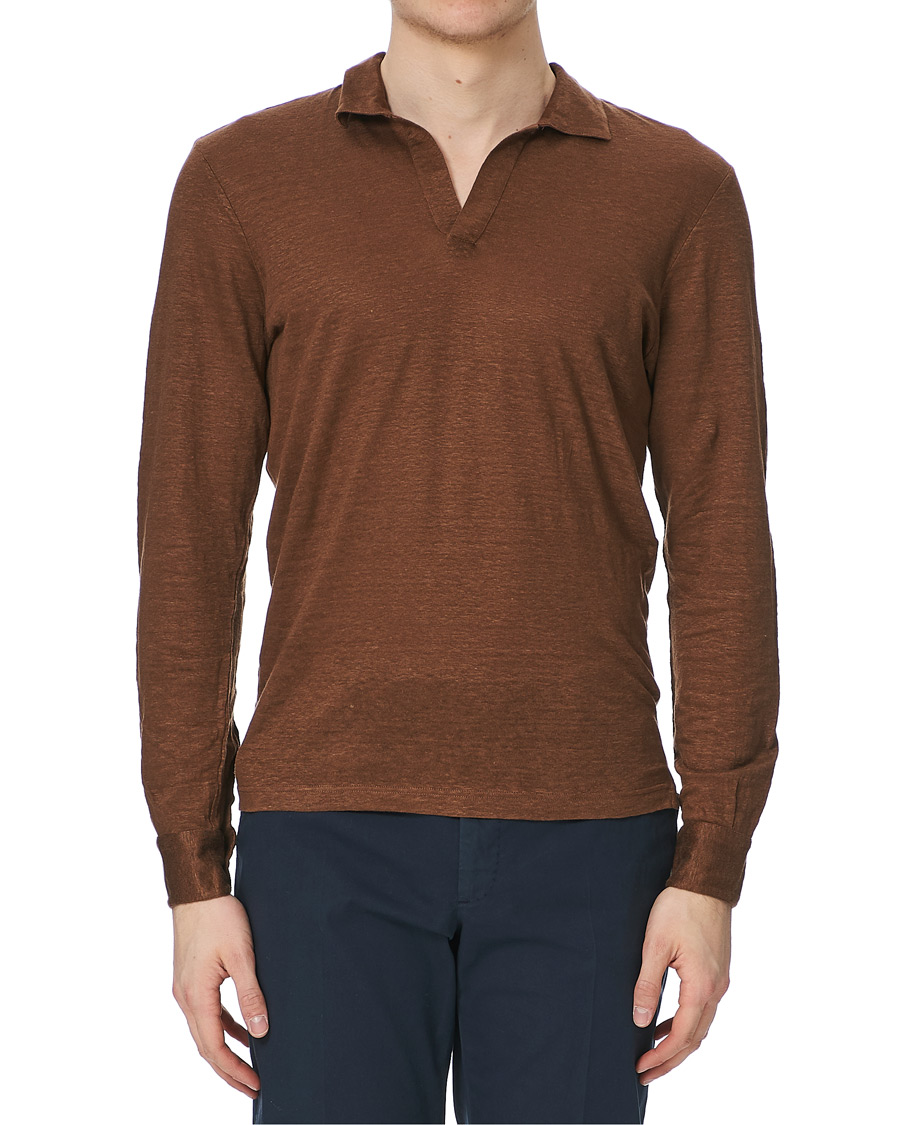 Homme | Pulls Et Tricots | Gran Sasso | Washed Linen Long Sleeve Polo Gold Brown