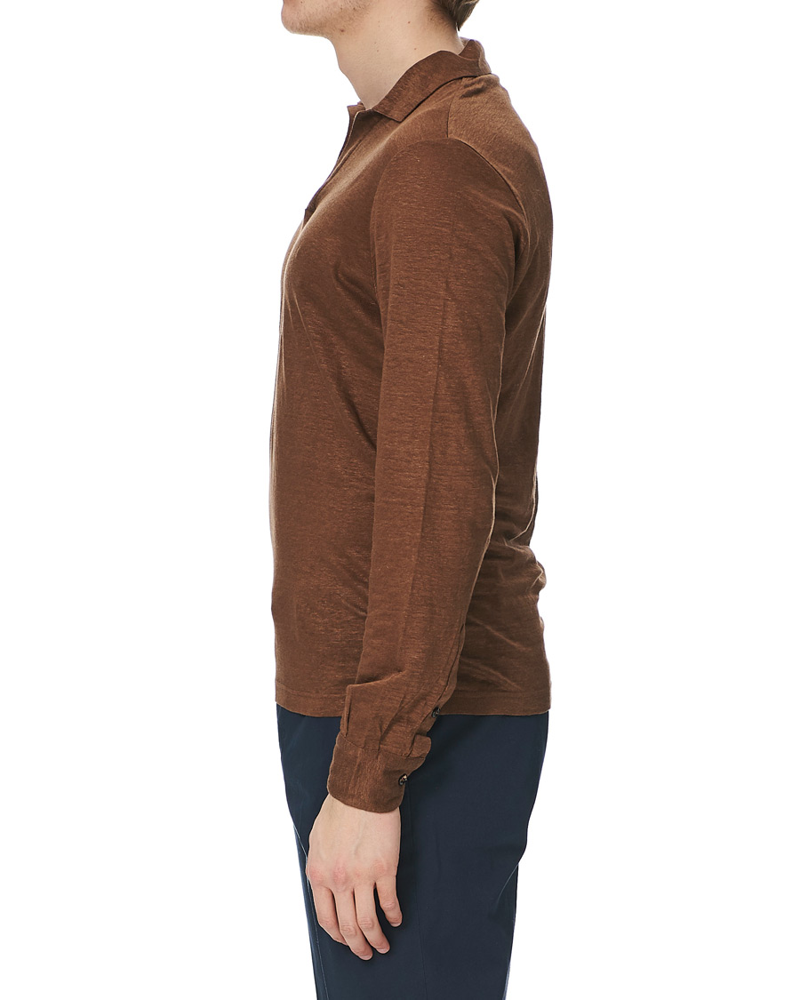 Homme | Pulls Et Tricots | Gran Sasso | Washed Linen Long Sleeve Polo Gold Brown