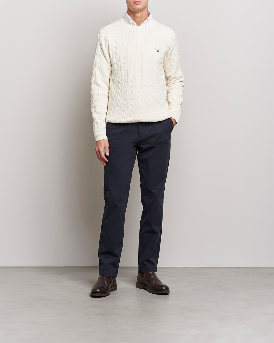 Homme | Pulls Et Tricots | GANT | Cotton Cable Crew Neck Pullover Cream