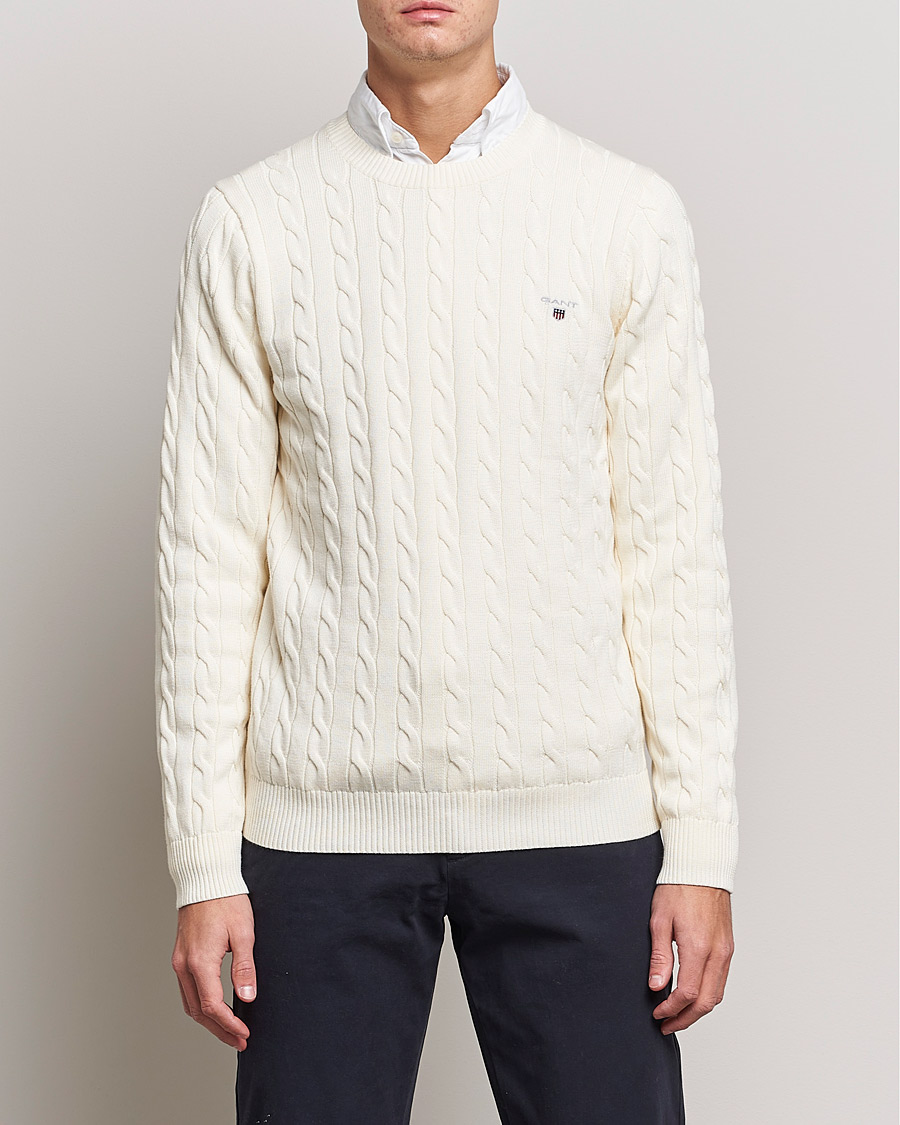 Homme | Pulls Et Tricots | GANT | Cotton Cable Crew Neck Pullover Cream