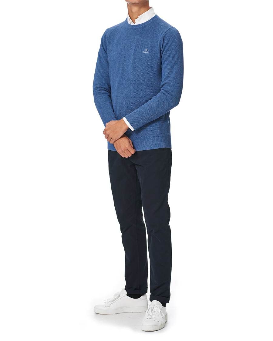 Heren | Truien | GANT | Cotton Pique Crew Neck Sweater Denim Blue Melange