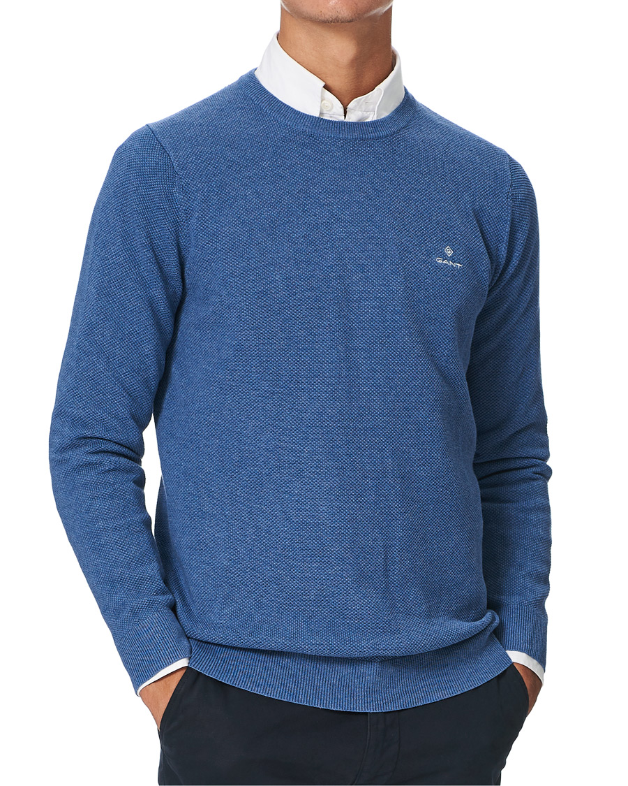 Heren | Truien | GANT | Cotton Pique Crew Neck Sweater Denim Blue Melange