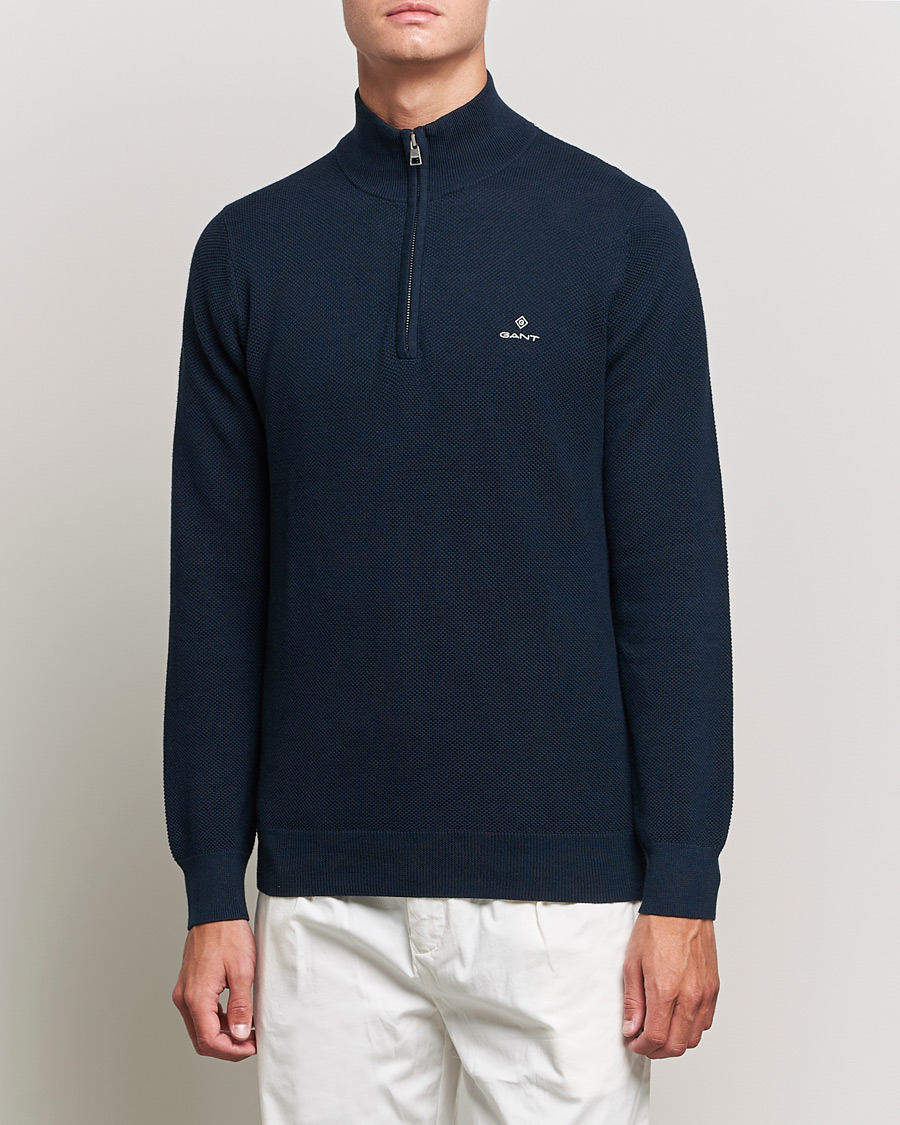 Heren | Truien | GANT | Cotton Pique Half-Zip Sweater Evening Blue