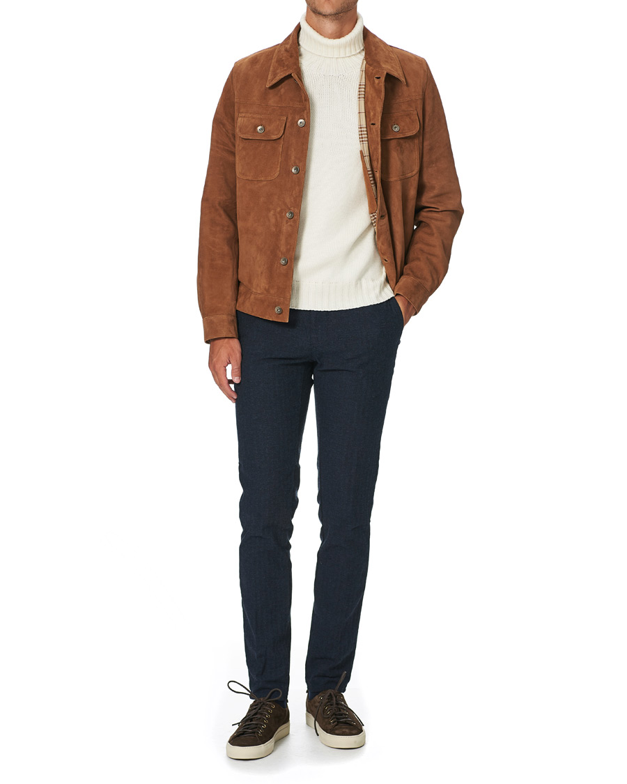 Heren | Broeken | Incotex | Slim Fit Cotton/Wool Herringbone Slacks Navy