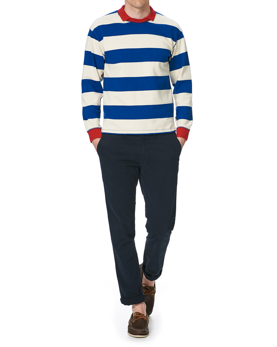 Heren | T-shirts | Drake's | Mock Collar Long Sleeve Tee Blue/White