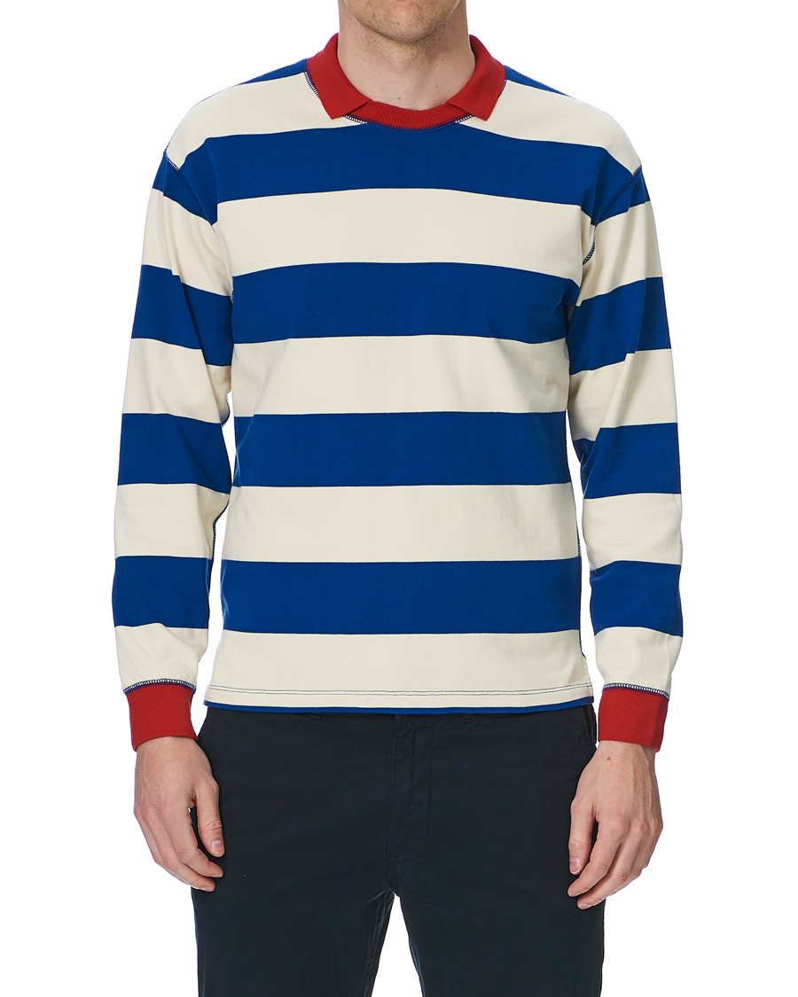 Heren | T-shirts | Drake's | Mock Collar Long Sleeve Tee Blue/White