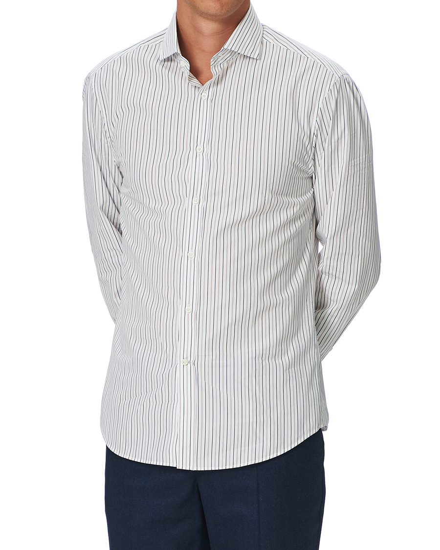 Homme | Chemises | Brunello Cucinelli | Slim Fit Striped Cotton Shirt White/Beige