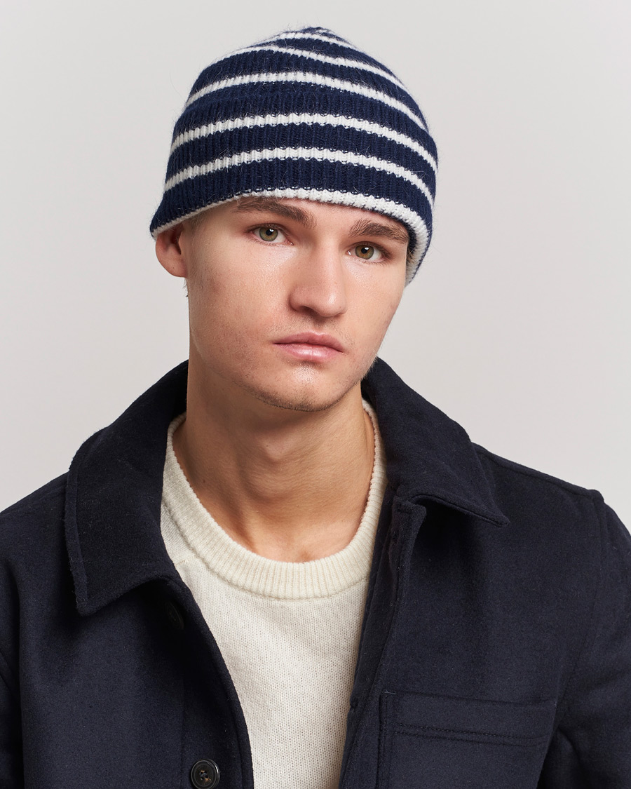 Homme | Bonnets | Le Bonnet | Lambswool/Caregora Beanie Midnight Stripe