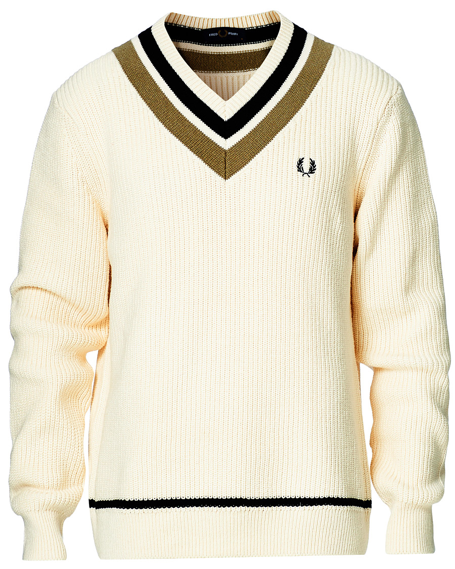 Homme | Pulls Et Tricots | Fred Perry | Striped Knitted V-Neck Jumper Ecru