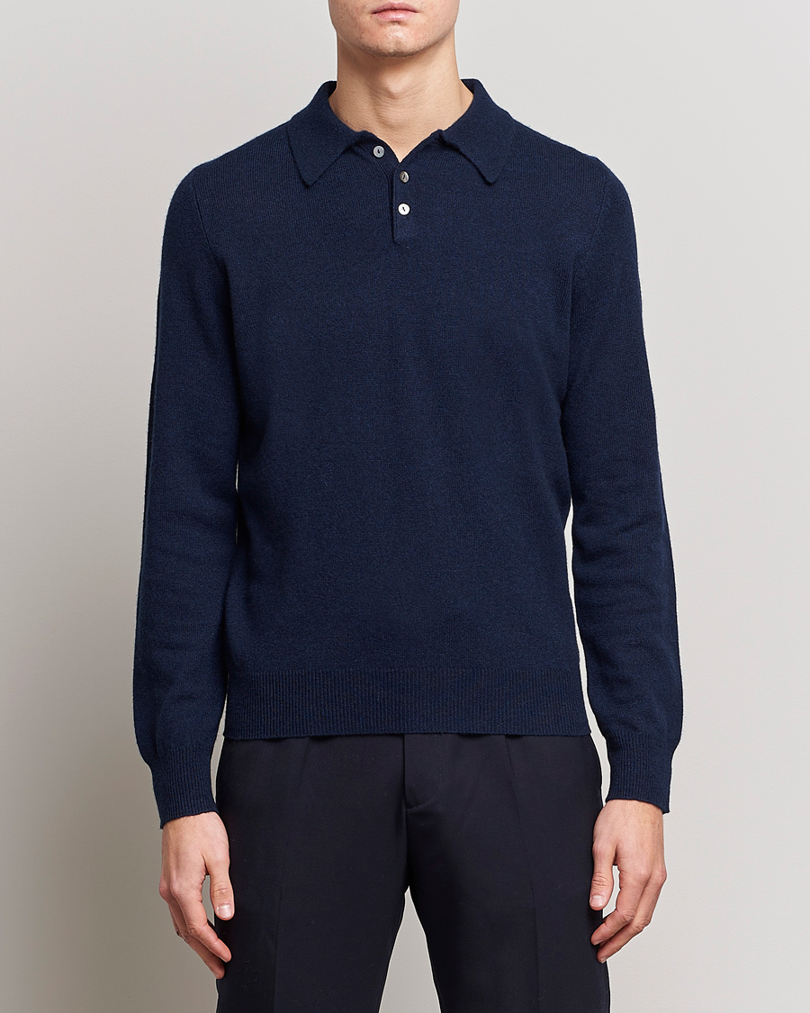 Heren | Truien | People's Republic of Cashmere | Cashmere Long Sleeve Polo Navy