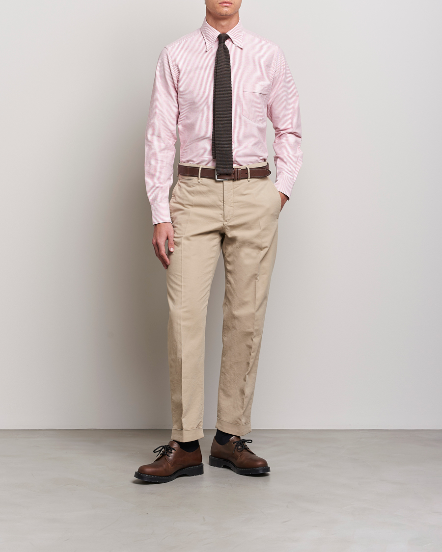 Homme | Chemises | Drake's | Striped Button Down Oxford Shirt White/Red