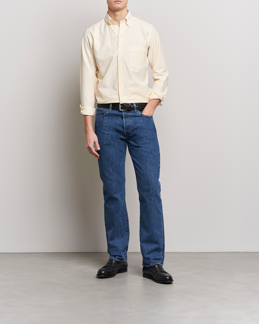 Homme | Chemises | Drake's | Striped Button Down Oxford Shirt White/Yellow