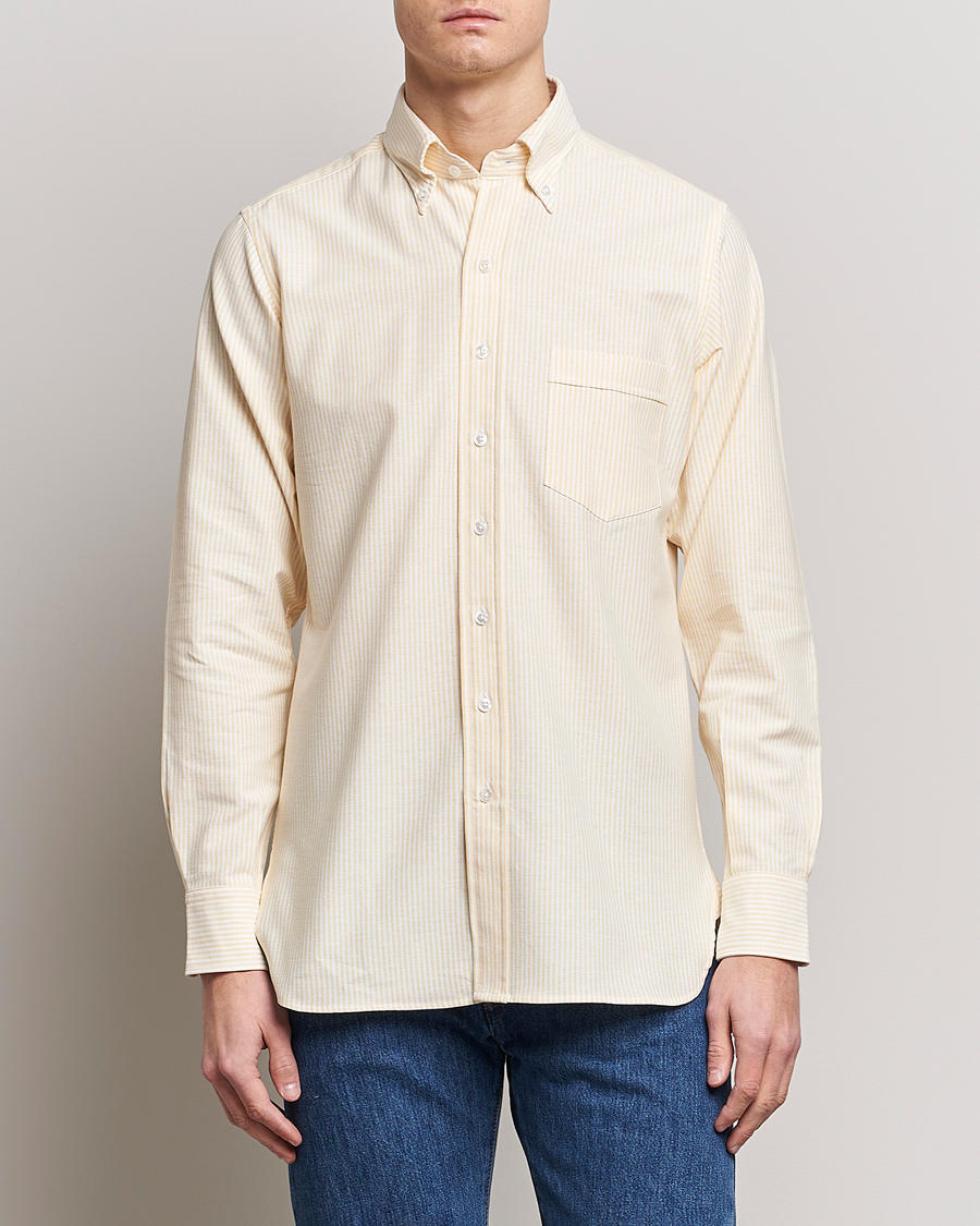 Homme | Chemises | Drake's | Striped Button Down Oxford Shirt White/Yellow