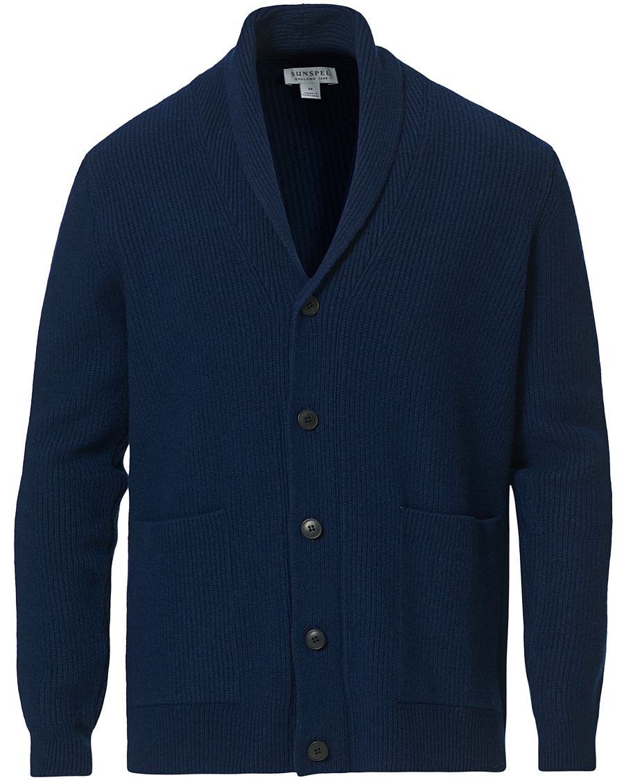 Heren | Truien | Sunspel | Wool/Cashmere Shawl Neck Cardigan Dark Navy Melange