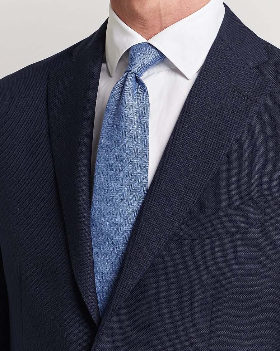 Homme | Amanda Christensen Linen Herringbone 8cm Tie Blue | Amanda Christensen | Linen Herringbone 8cm Tie Blue