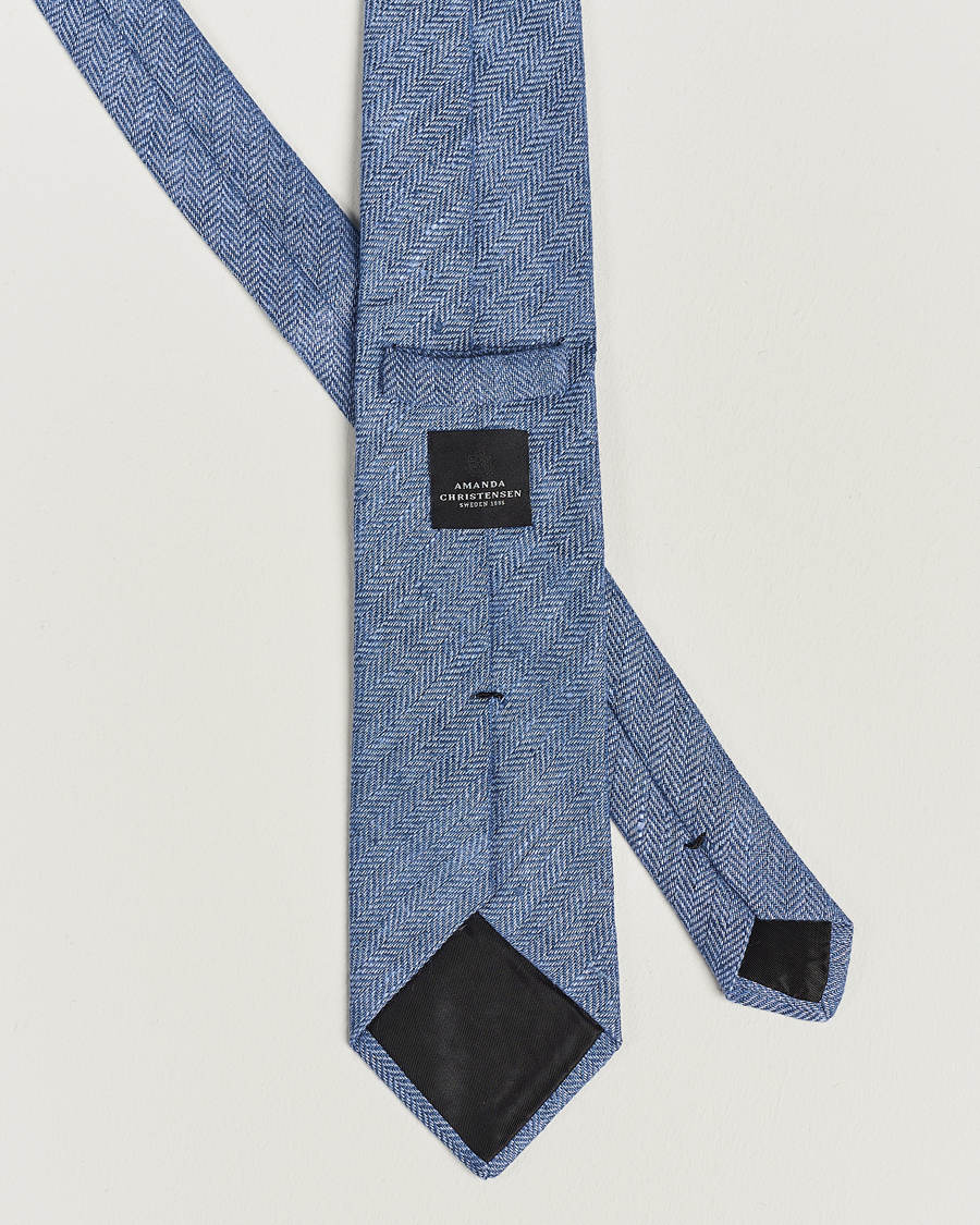 Homme | Amanda Christensen Linen Herringbone 8cm Tie Blue | Amanda Christensen | Linen Herringbone 8cm Tie Blue