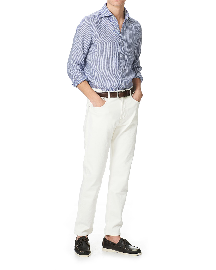 Homme | Chemises | Finamore Napoli | Tokyo Slim Fit Striped Linen Shirt White/Blue