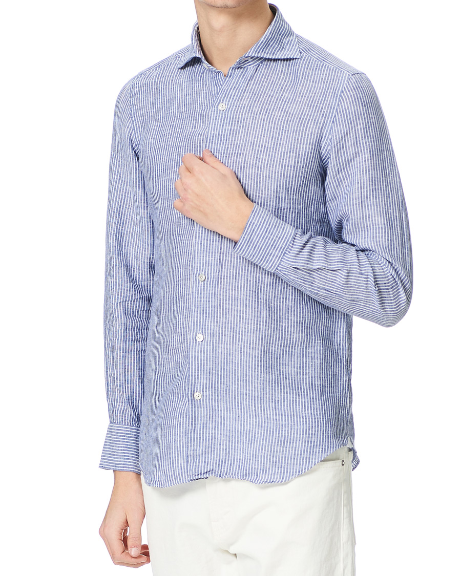Homme | Chemises | Finamore Napoli | Tokyo Slim Fit Striped Linen Shirt White/Blue