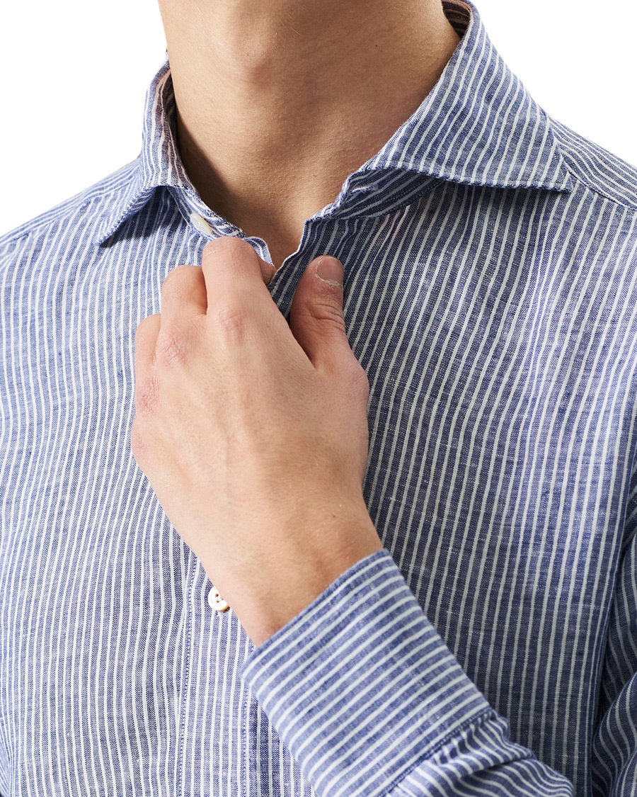 Homme | Chemises | Finamore Napoli | Tokyo Slim Fit Striped Linen Shirt White/Blue
