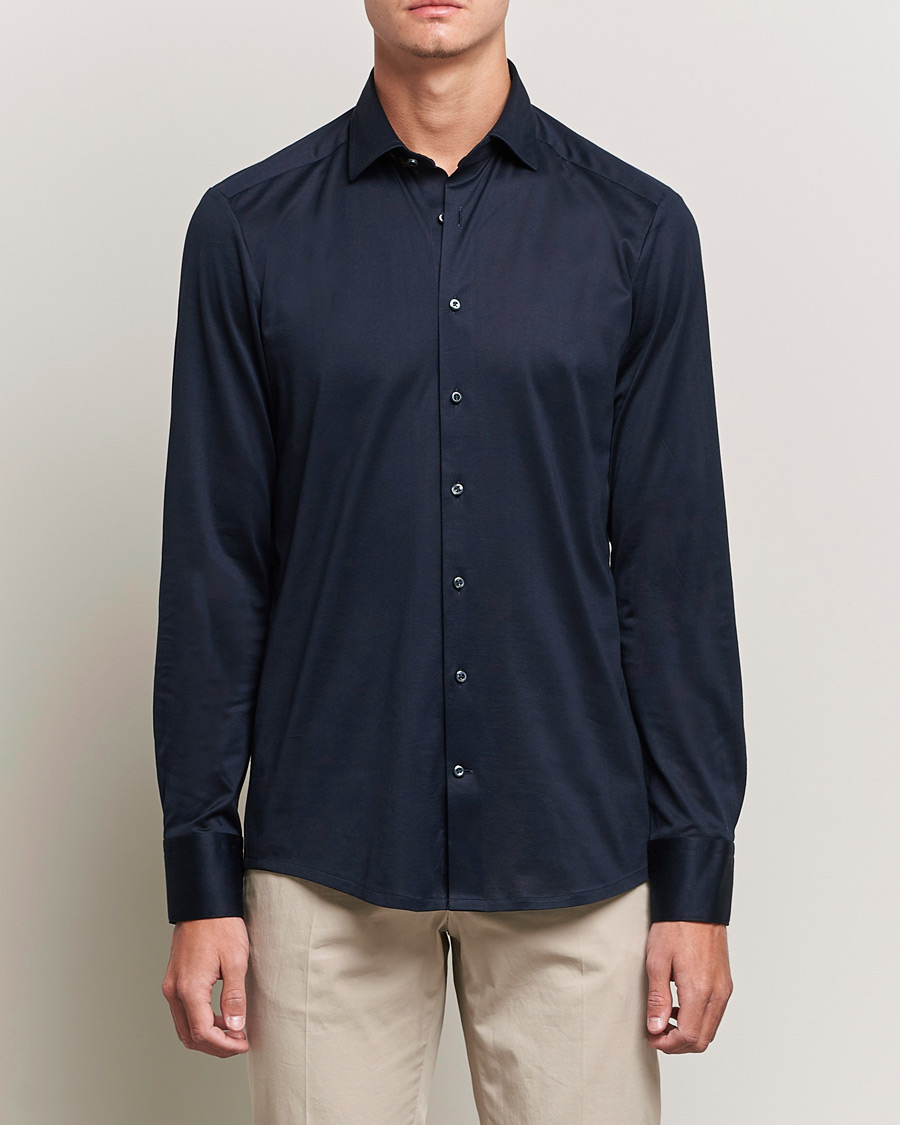 Heren | Overhemden | Stenströms | Slimline Jersey Button Down Shirt Navy
