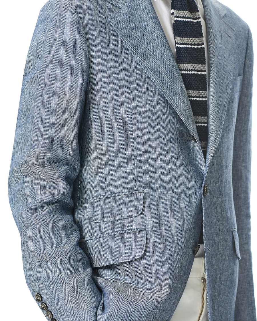 Homme | Blazers | Brunello Cucinelli | Herringbone Linen Blazer Indigo Blue