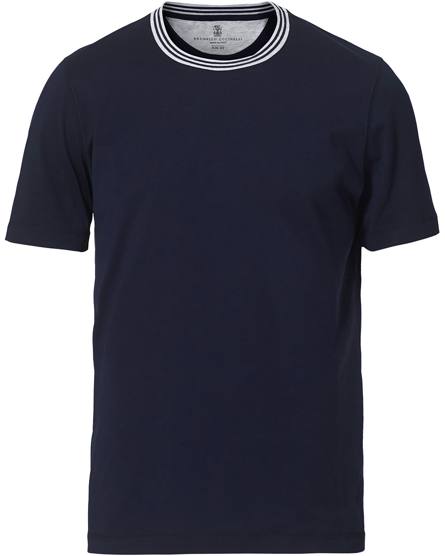 Homme | T-shirts | Brunello Cucinelli | Contrast Collar Short Sleeve T-Shirt Navy