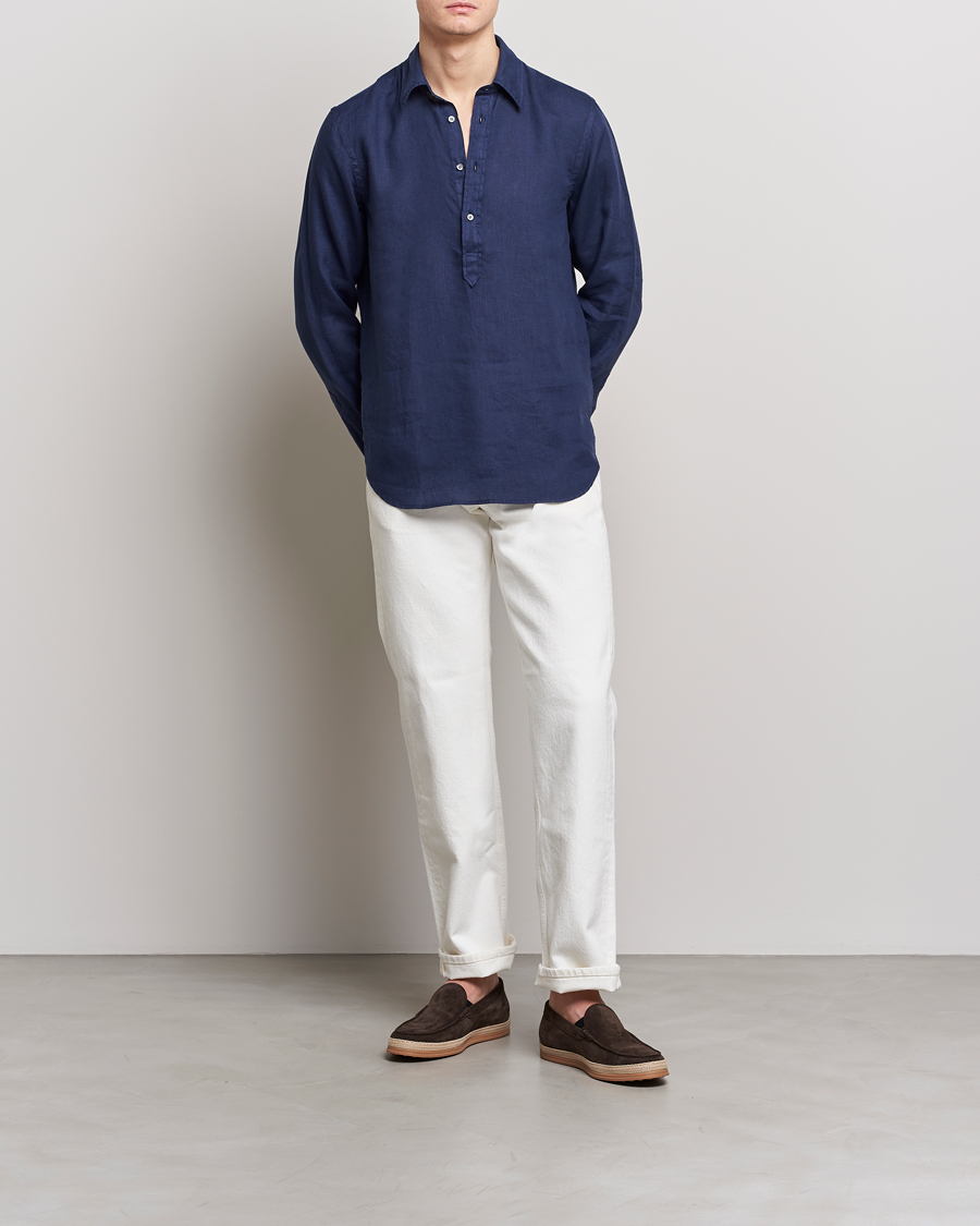 Homme | Chemises | Aspesi | Linen Popover Shirt Dark Blue
