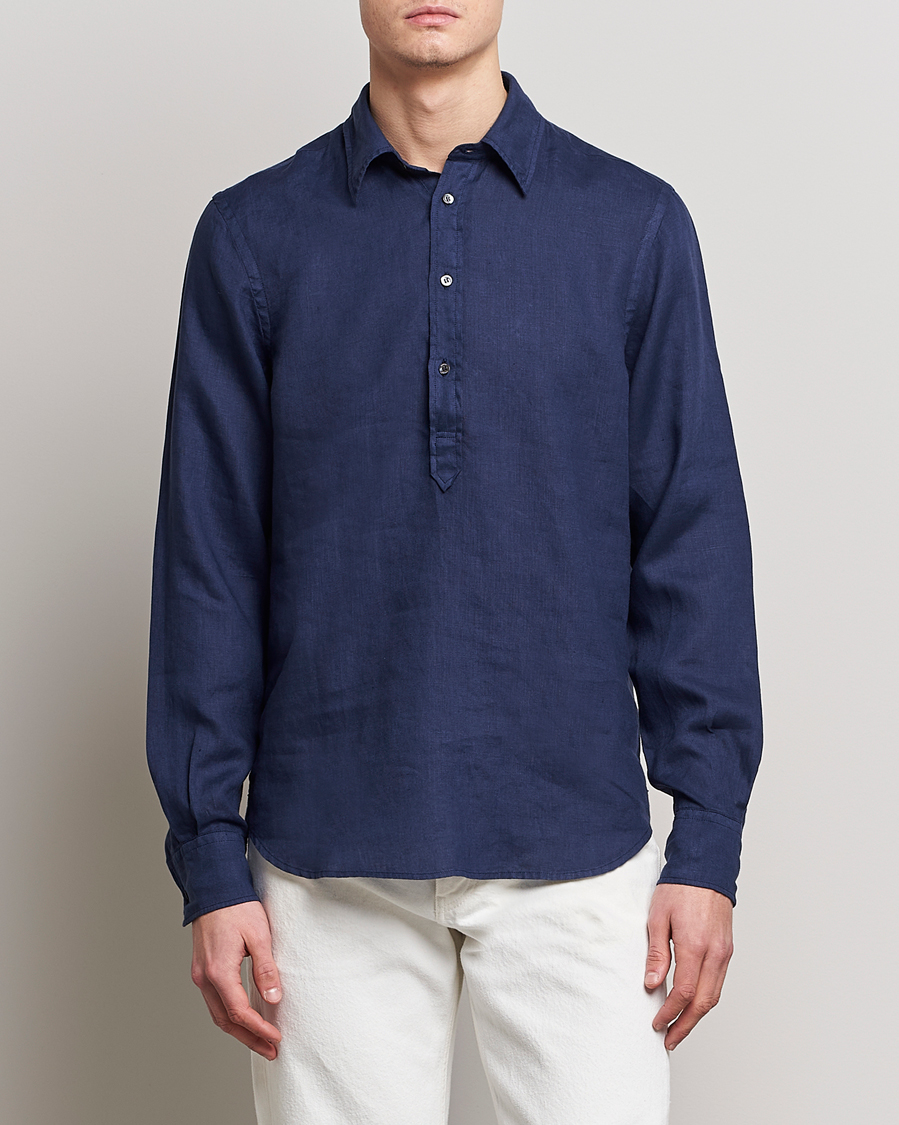 Homme | Chemises | Aspesi | Linen Popover Shirt Dark Blue