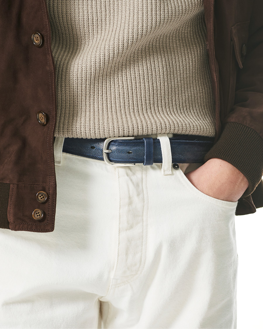Homme | Orciani Herringbone Leather Belt 3,5 cm Denim Blue | Orciani | Herringbone Leather Belt 3,5 cm Denim Blue