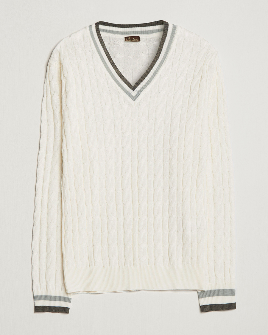 Heren | Truien | Stenströms | Contrast Merino Cable V-Neck White