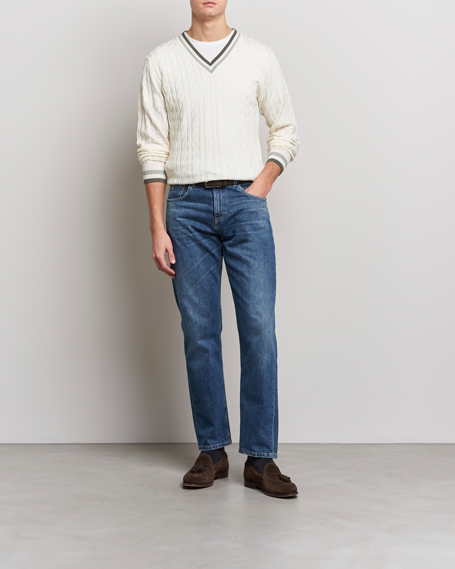 Heren | Truien | Stenströms | Contrast Merino Cable V-Neck White