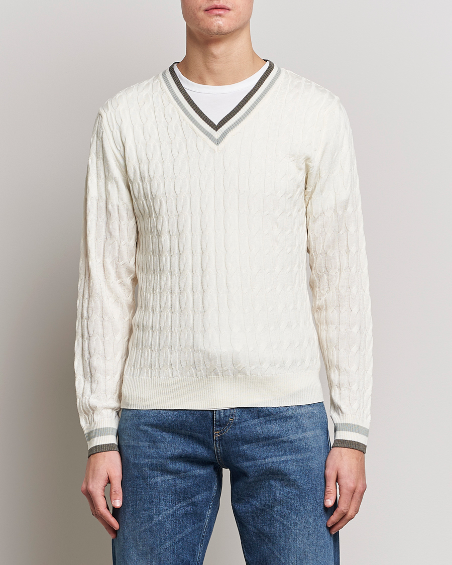 Heren | Truien | Stenströms | Contrast Merino Cable V-Neck White