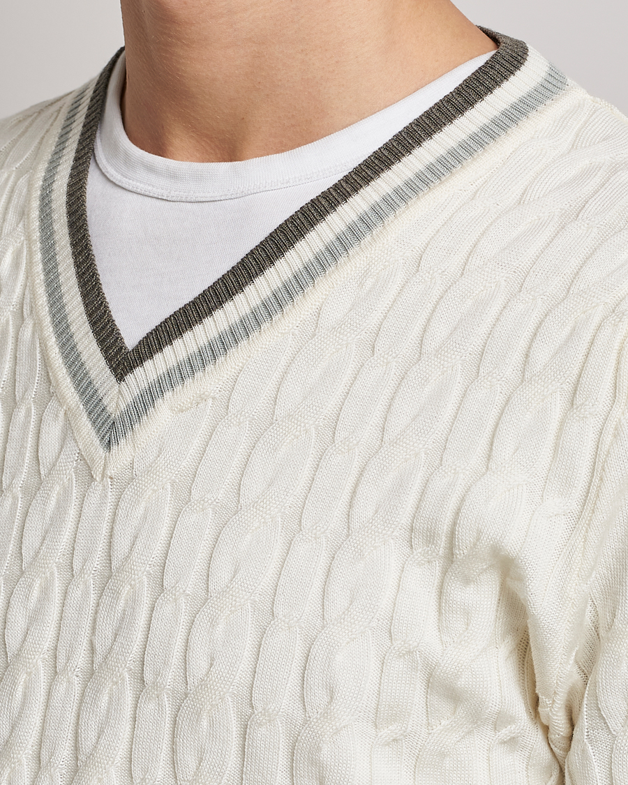 Heren | Truien | Stenströms | Contrast Merino Cable V-Neck White