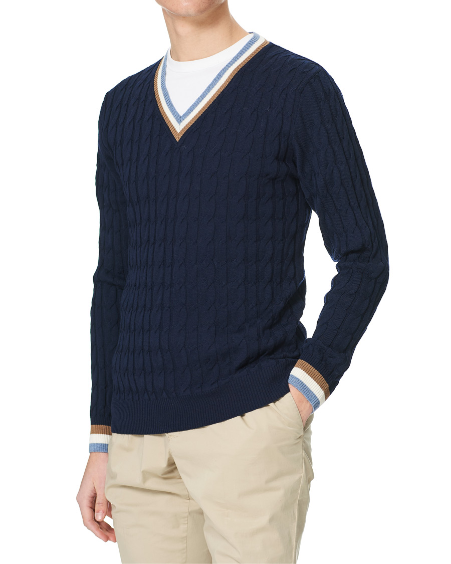 Homme | Pulls Et Tricots | Stenströms | Contast Merino Cable V-Neck Navy