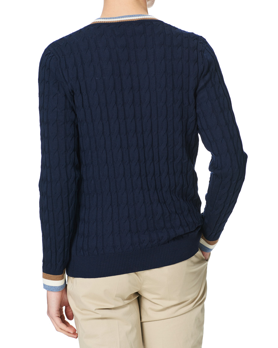 Homme | Pulls Et Tricots | Stenströms | Contast Merino Cable V-Neck Navy