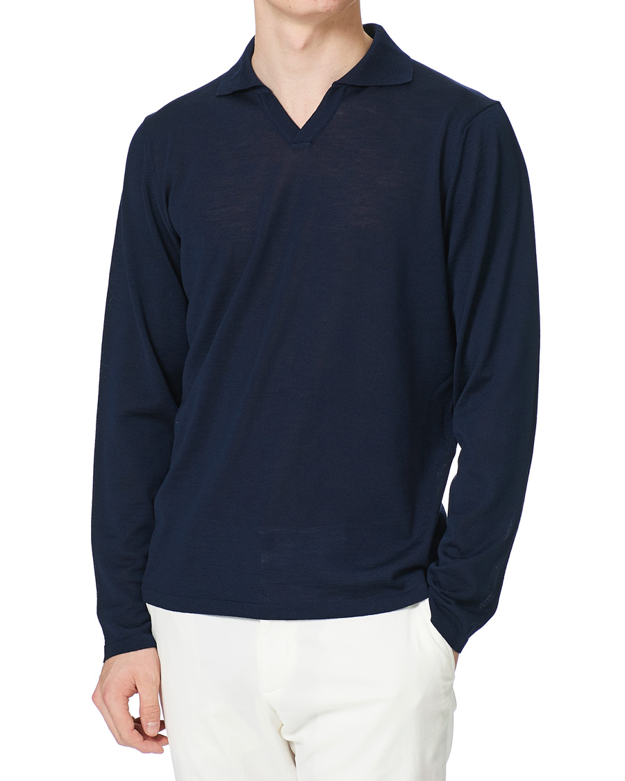 Homme | Pulls Et Tricots | Stenströms | Fine Merino Long Sleeve Polo Navy