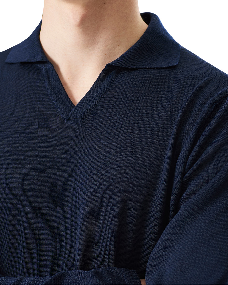 Homme | Pulls Et Tricots | Stenströms | Fine Merino Long Sleeve Polo Navy