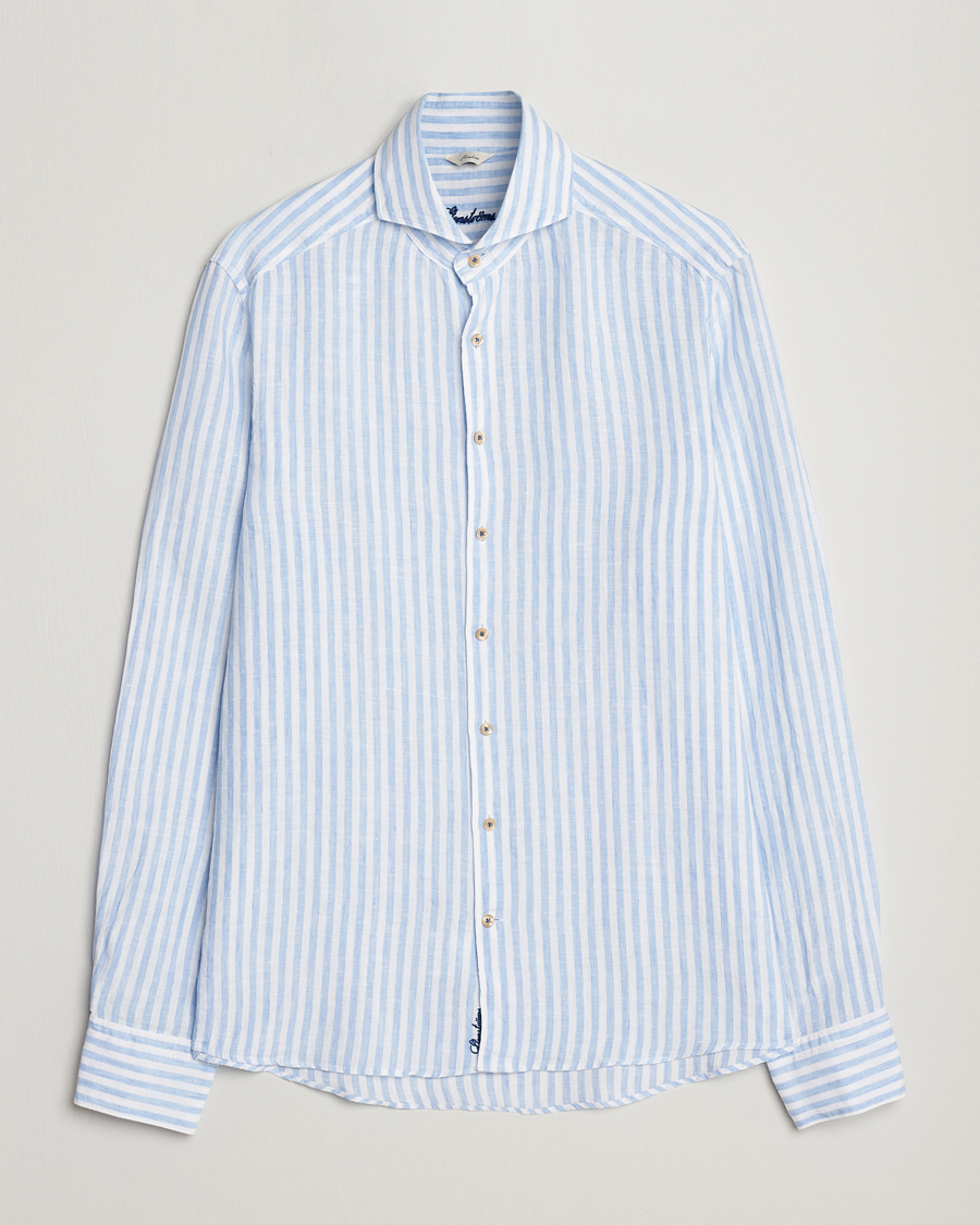 Homme | Chemises | Stenströms | Slimline Cut Away Striped Linen Shirt Light Blue