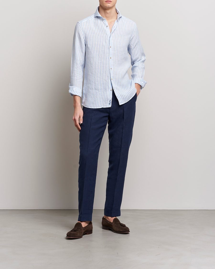 Homme | Chemises | Stenströms | Slimline Cut Away Striped Linen Shirt Light Blue