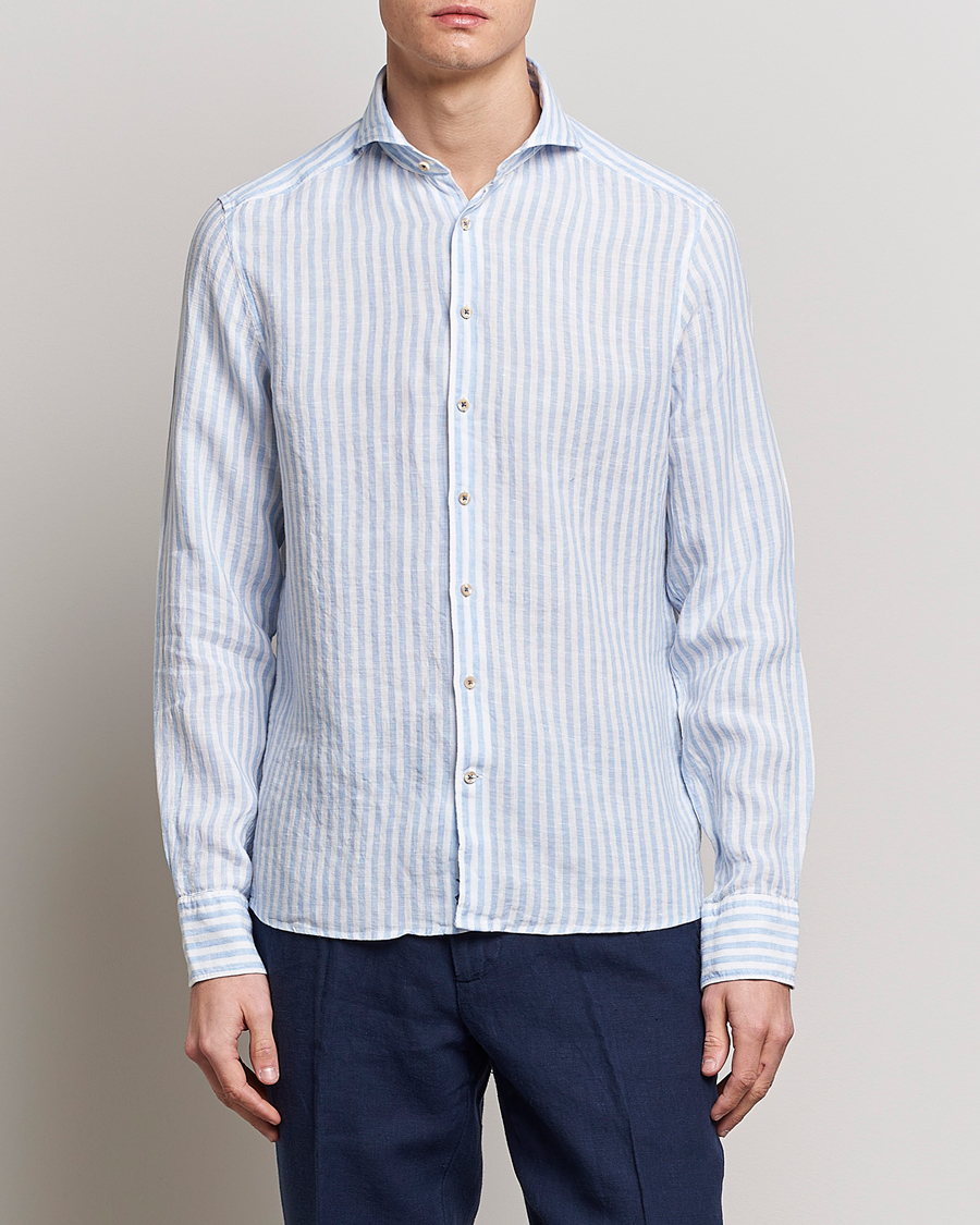 Homme | Chemises | Stenströms | Slimline Cut Away Striped Linen Shirt Light Blue